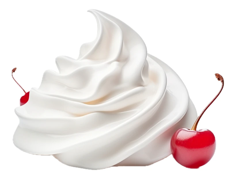 Swirl of whipped cream with maraschino cherries isolated on white