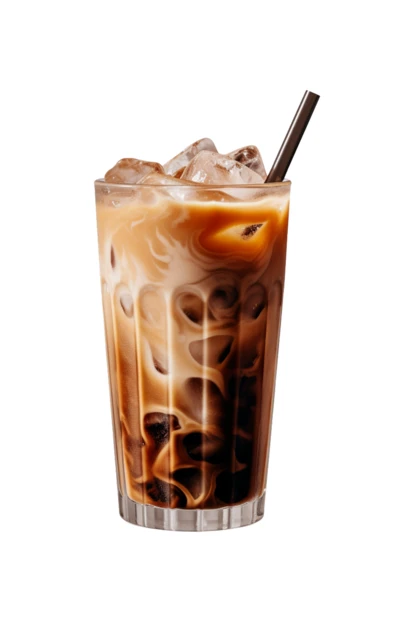 Iced coffee with milk swirls and straw on white background