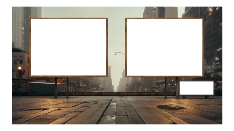 Two large blank billboards in a city at sunset