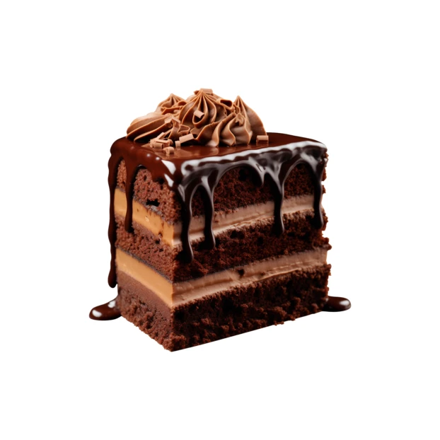 Slice of decadent layered chocolate cake with dripping ganache