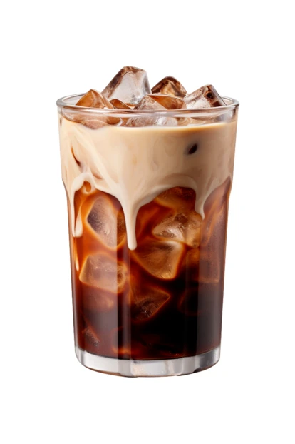 Iced coffee with milk swirl in glass on white background