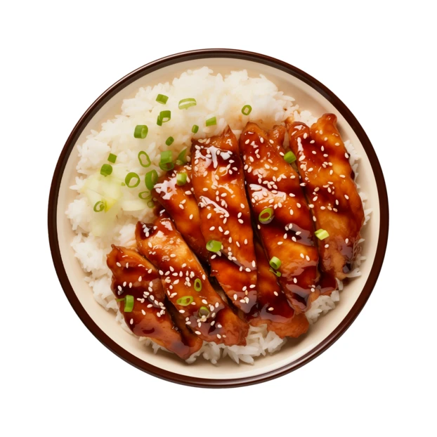 Chicken teriyaki bowl with rice isolated on white background
