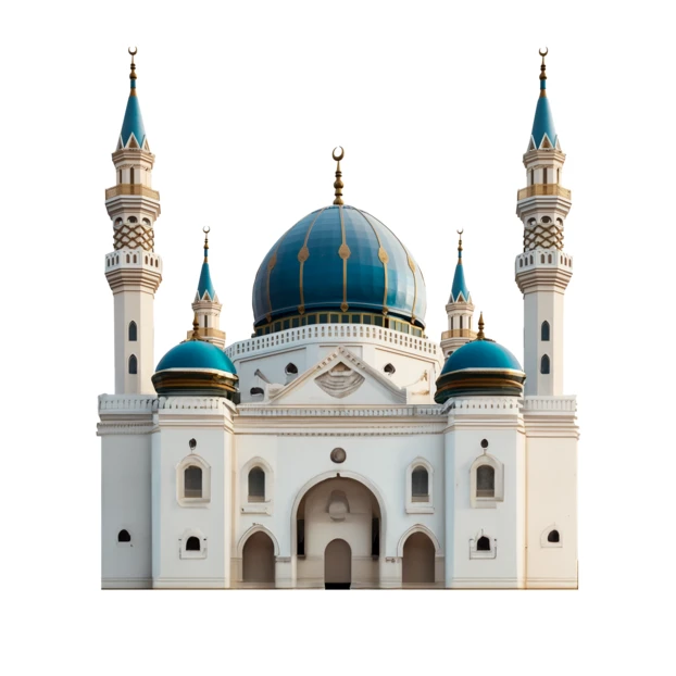 Beautiful Islamic mosque with blue domes isolated on white background
