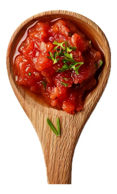 Fresh tomato salsa in a wooden spoon isolated on white