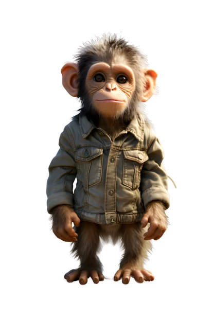Baby chimpanzee wearing a denim jacket on white background