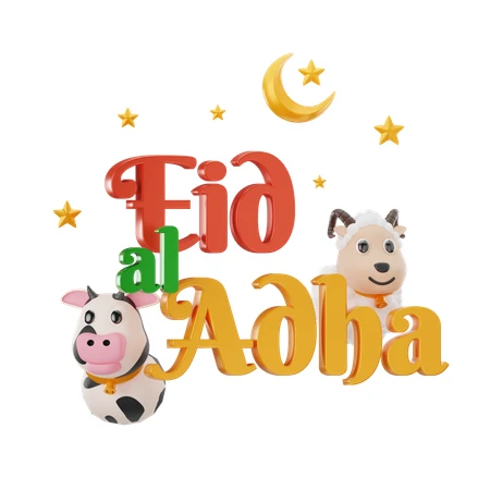 3D Eid al Adha greeting with cartoon cow and sheep