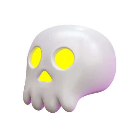 3D stylized cartoon skull with glowing yellow eyes