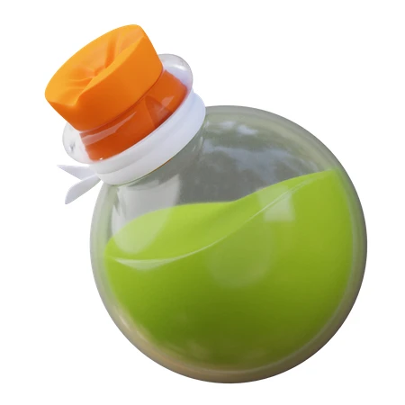Spherical potion bottle with green liquid and orange cap