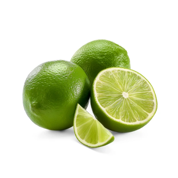 Fresh whole and sliced green limes isolated on white background