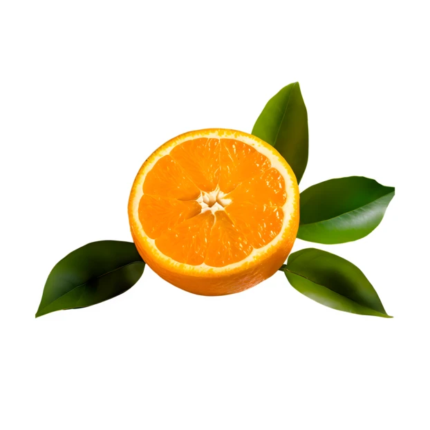 Half of a fresh orange with leaves isolated on white