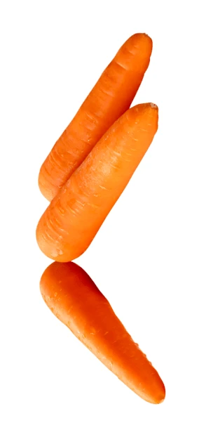 Three fresh orange carrots falling on white background