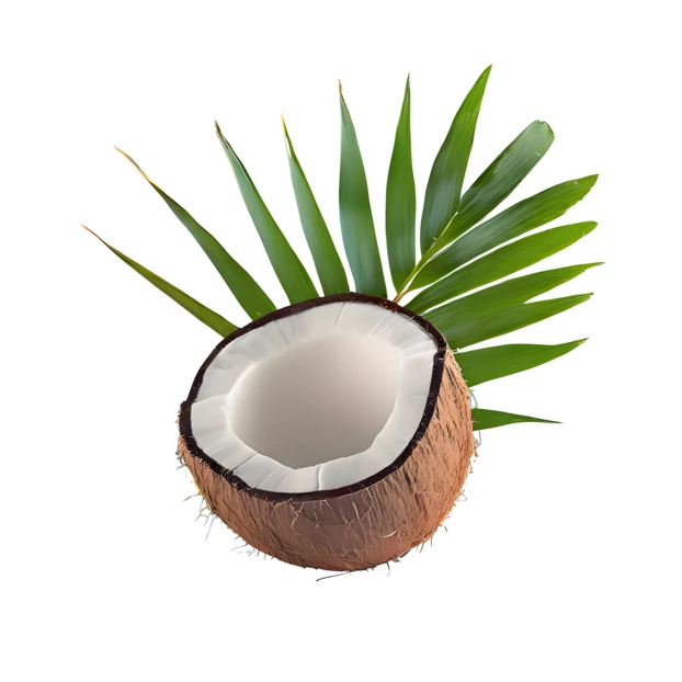 Coconut half with green palm leaf isolated on white