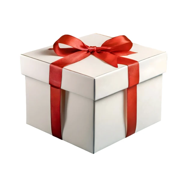 White gift box with red satin ribbon and bow