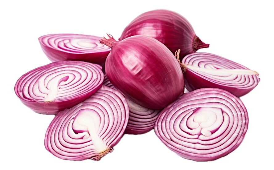 Whole and sliced red onions isolated on white background