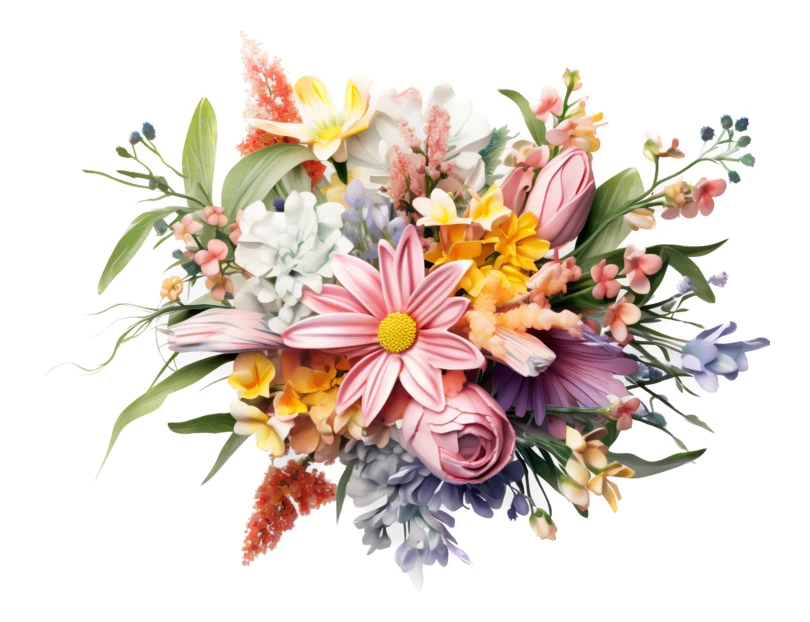 Vibrant mixed spring flower bouquet isolated on white background