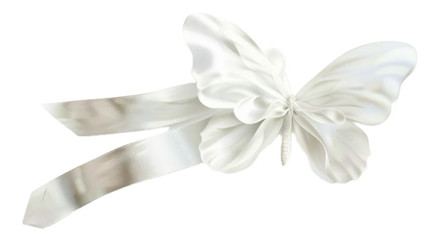 Elegant white fabric butterfly with flowing ribbons isolated on white
