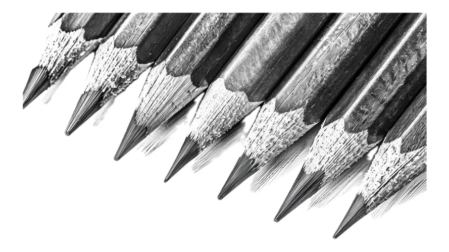 Black and white close-up of sharpened graphite pencils