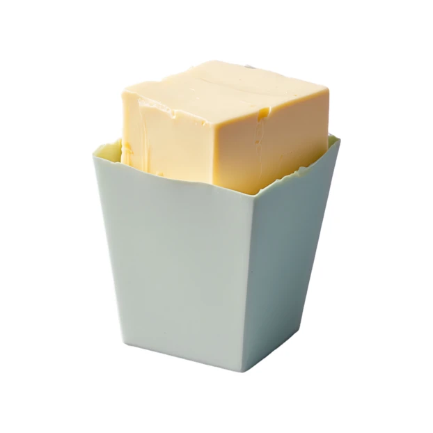 Block of fresh butter in a light blue container