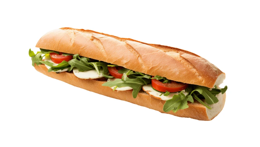 Caprese baguette sandwich with mozzarella, tomatoes and arugula