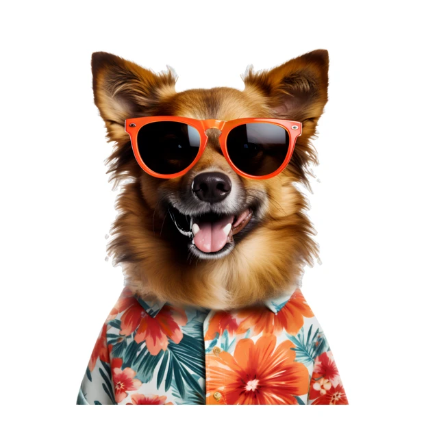 Funny dog wearing orange sunglasses and Hawaiian shirt