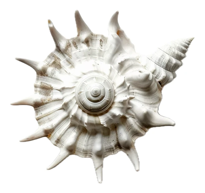 White spiky murex seashell isolated on white background