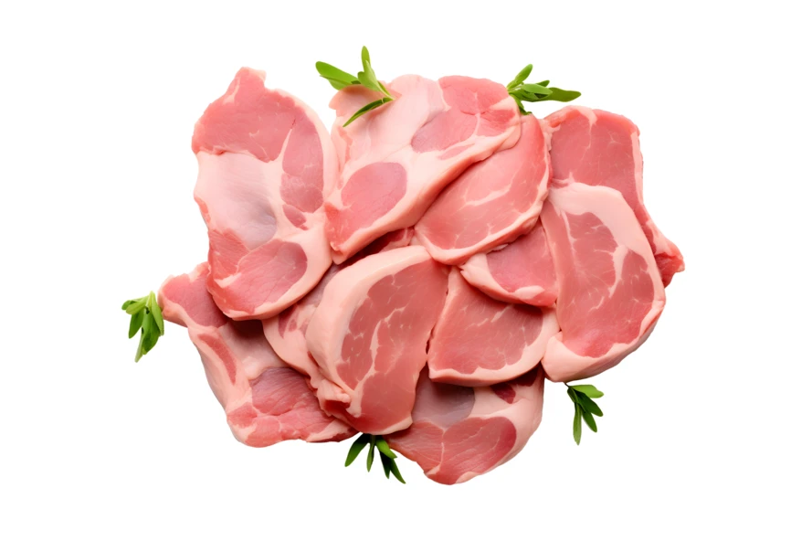 Fresh raw pork slices with green herbs isolated on white