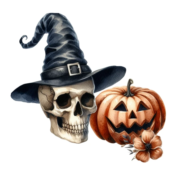Watercolor Halloween illustration of skull in witch hat and pumpkin
