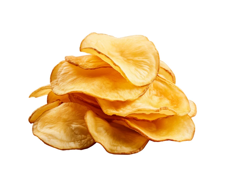 Stack of crunchy potato chips isolated on white background