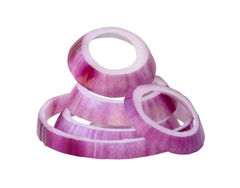 Sliced red onion rings isolated on white background