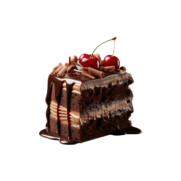 Slice of chocolate cake with dripping syrup and cherries