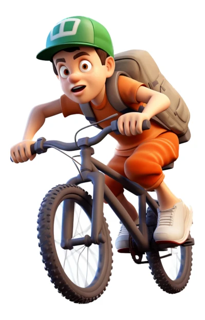 3D animated boy character riding a bicycle with backpack