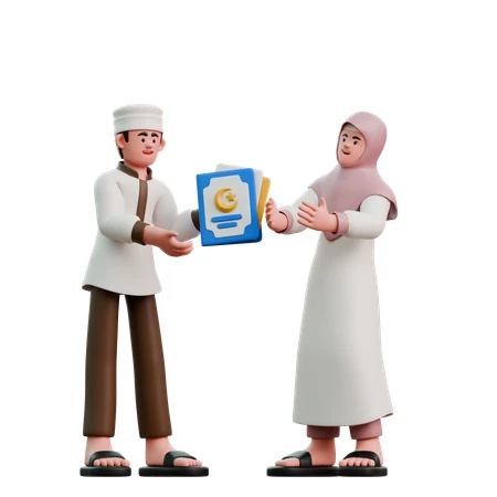 A man and woman exchanging a book