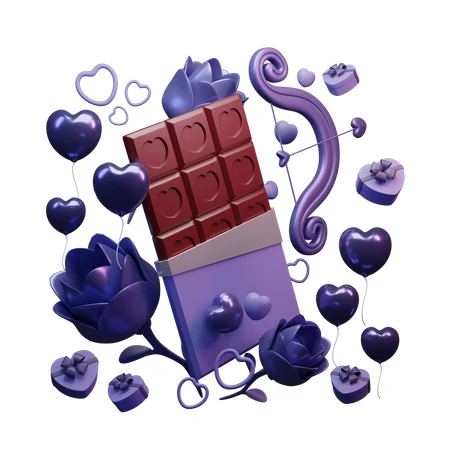 3D Valentine's chocolate bar with purple hearts and flowers