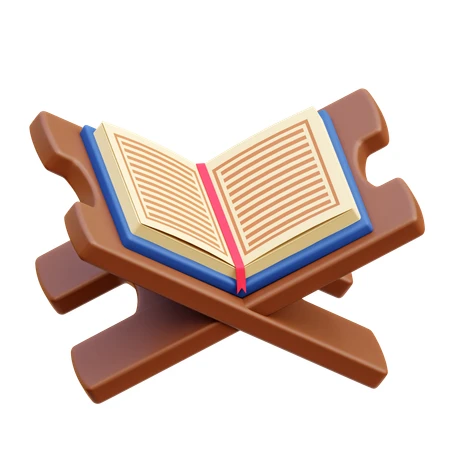 3D illustration of an open Quran on a wooden stand
