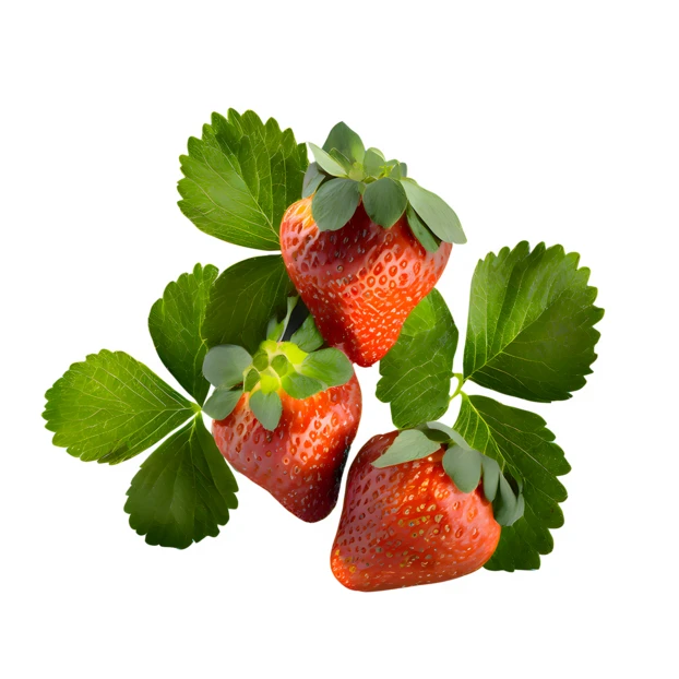 Three fresh strawberries with green leaves isolated on white