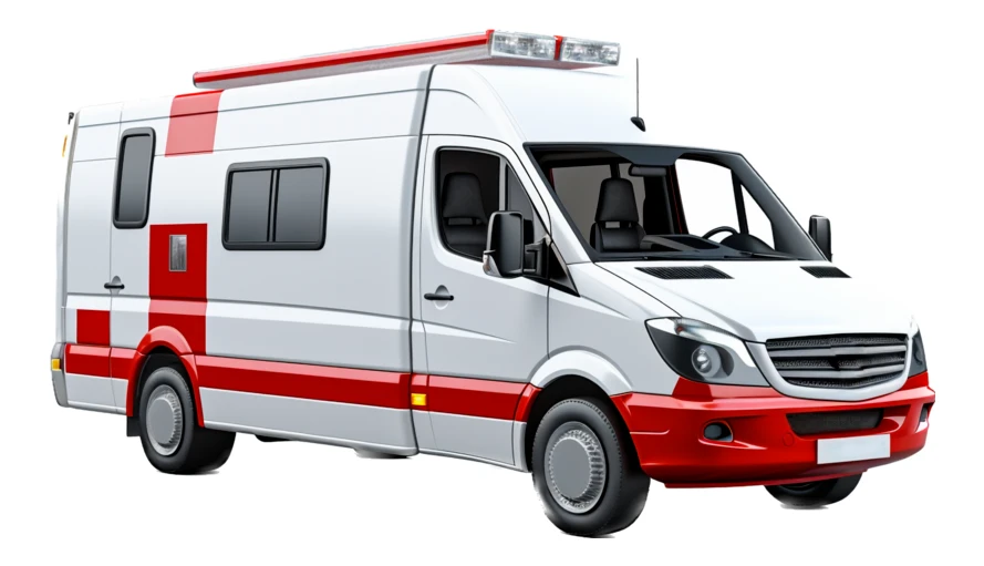 Modern white and red ambulance van isolated on white background