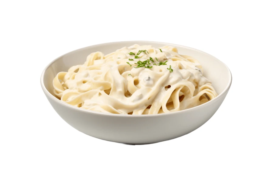 Creamy Fettuccine Alfredo with parsley in a white bowl