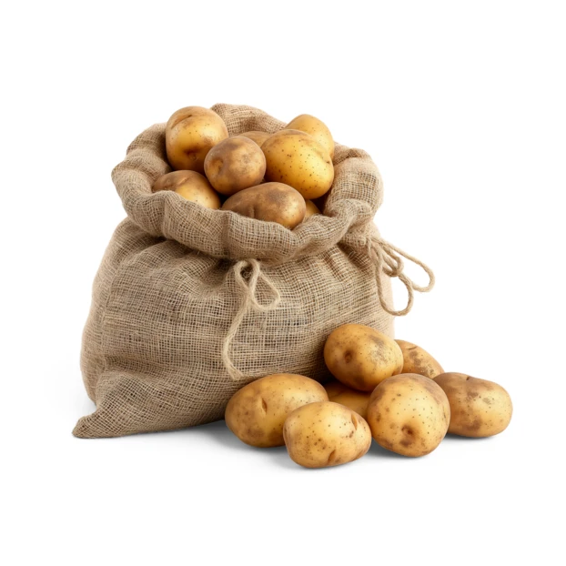Raw potatoes in a burlap sack isolated on white background