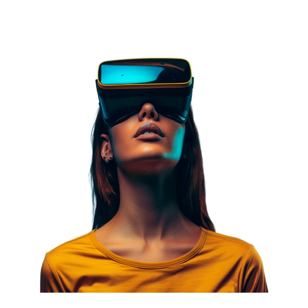 Woman wearing virtual reality headset looking up on white background