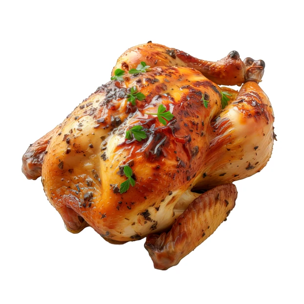 Whole roasted chicken with herbs isolated on white background