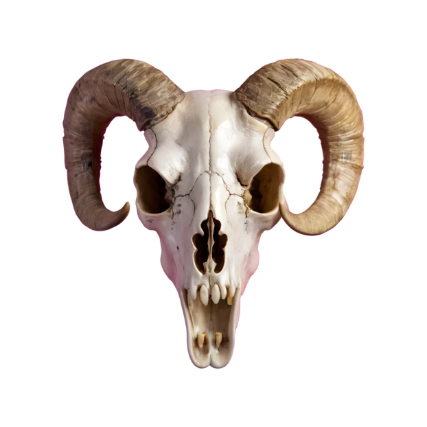 Ram skull with large curved horns isolated on white