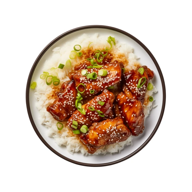 Teriyaki chicken with sesame seeds and rice in a bowl