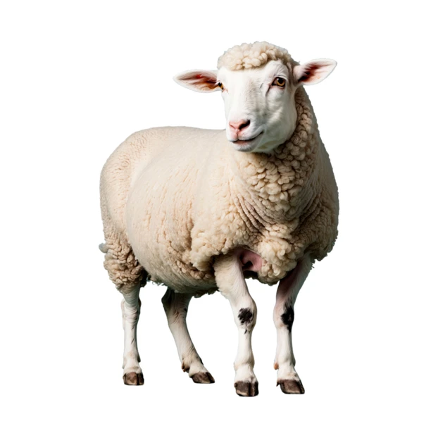 White woolly sheep standing isolated on white background