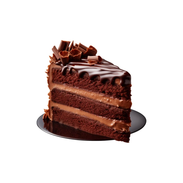 Slice of decadent chocolate layer cake on white background