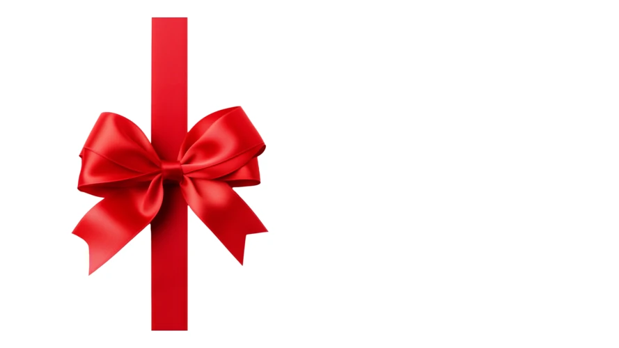 Elegant red satin bow with vertical ribbon on white background