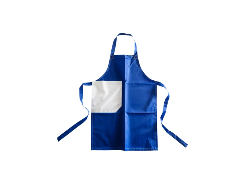 Blue kitchen apron with white pocket isolated on white