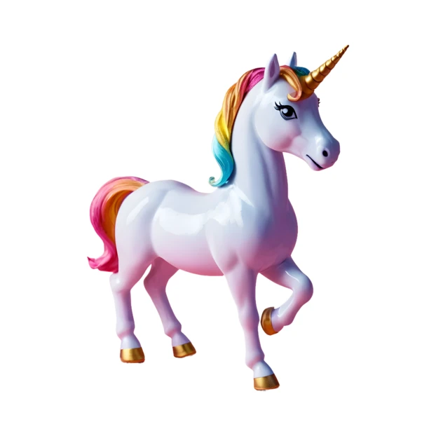 White unicorn figurine with rainbow mane and golden horn
