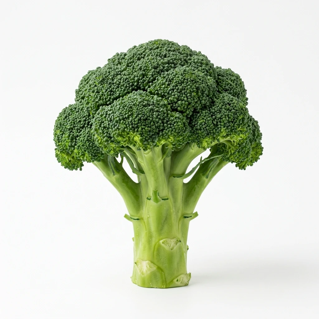 Fresh head of green broccoli isolated on white background