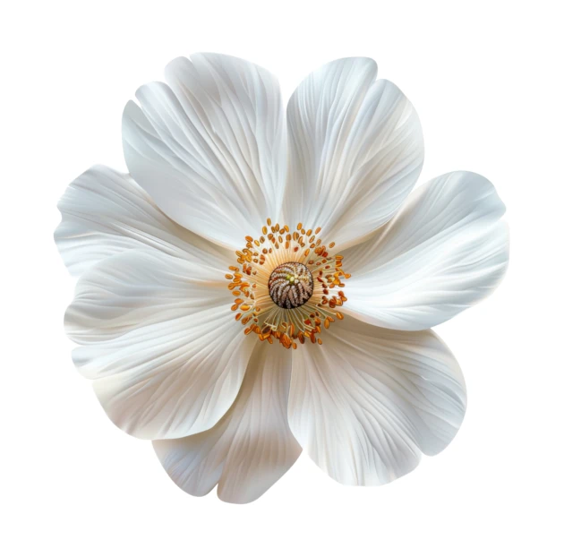 Isolated white flower with textured petals on white background