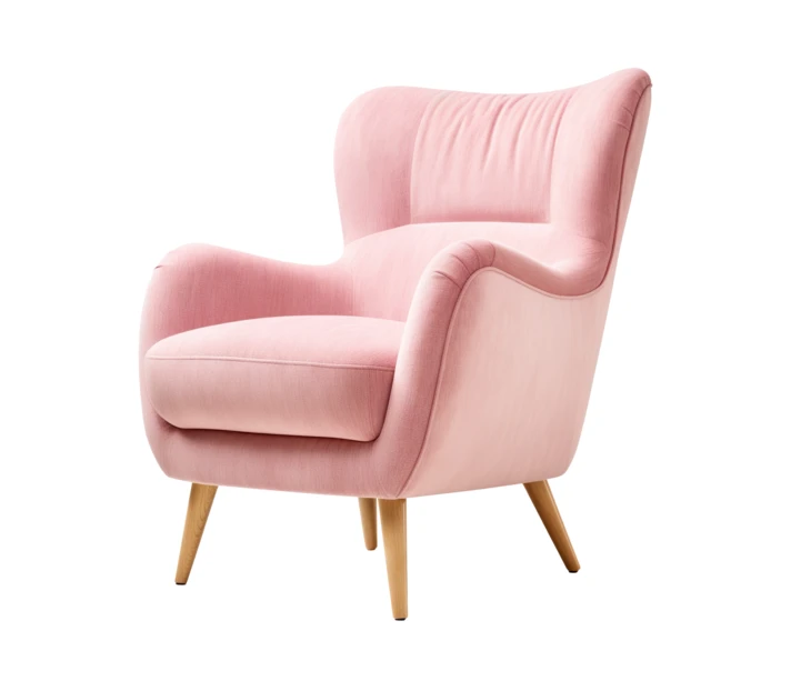 Pink velvet wingback armchair with wooden legs isolated on white